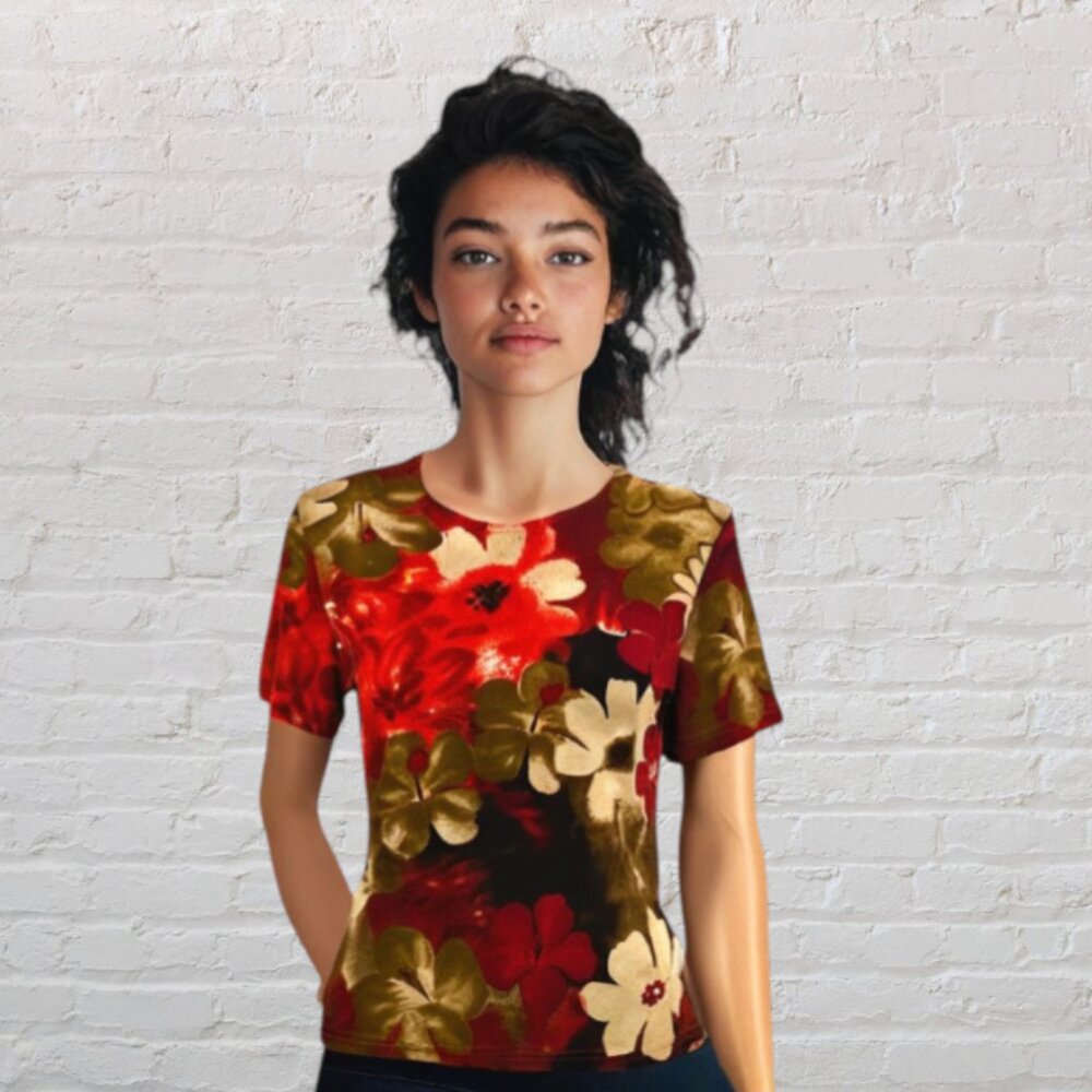 VINTAGE YVES ST. CLAIR -- Top, Short Sleeves, Floral Print, Rust/Green, Pullover